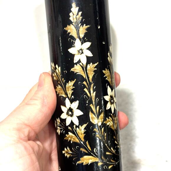 Wooden candle holders black lacquer Asian style gold & white cherry tree motif - Picture 7 of 9